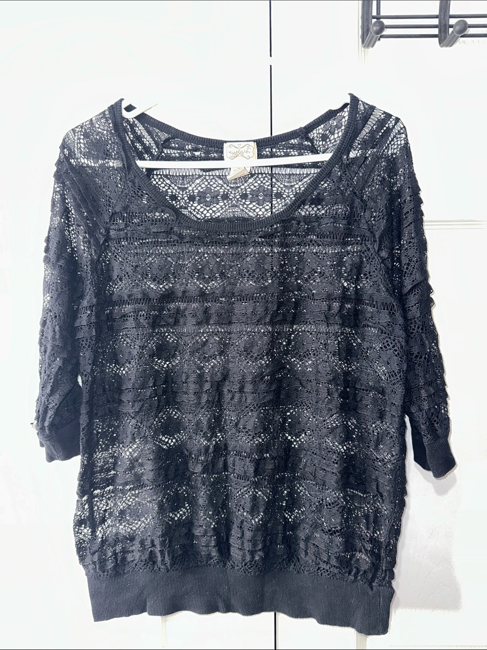 Black Lace Knit Women's Pullover - Lightweight Crochet Sweater